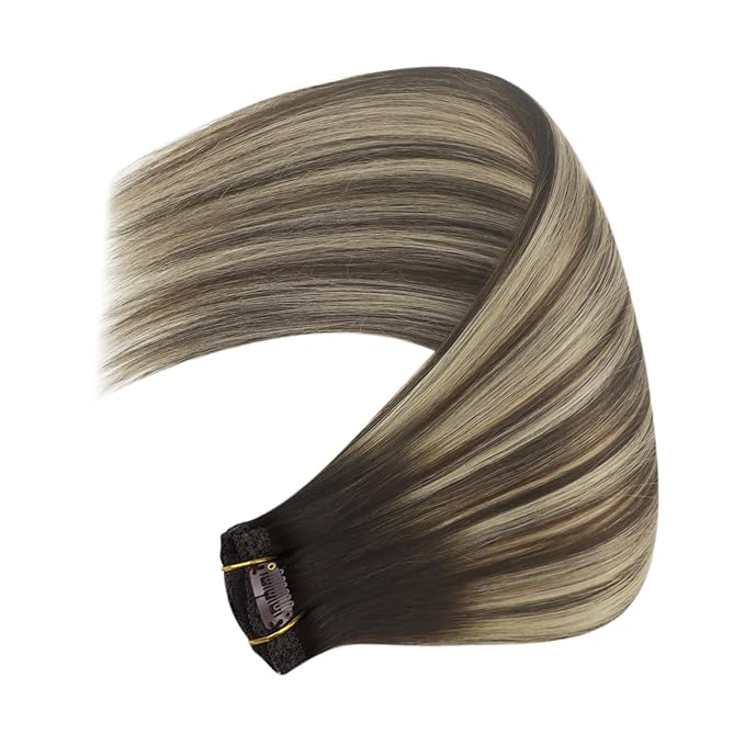 YoungSee 150G Clip in Hair Extensions Real Human Hair Brown Balayage Hair Extensions Clip ins Chocolate Brown with Ash Blonde Balayage Silky Clip on Hair Extensions Human Hair 24inch 7pcs