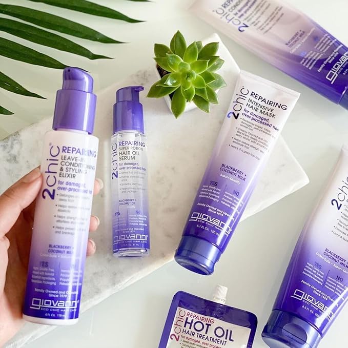 GIOVANNI 2chic Ultra Shine Leave-In Conditioning & Styling Elixir - Hair Serum for All Hair Types, Tsubaki Seed Oil & White Tea, Detangles, Smooths & Conditions, Tames Frizz - 4 oz