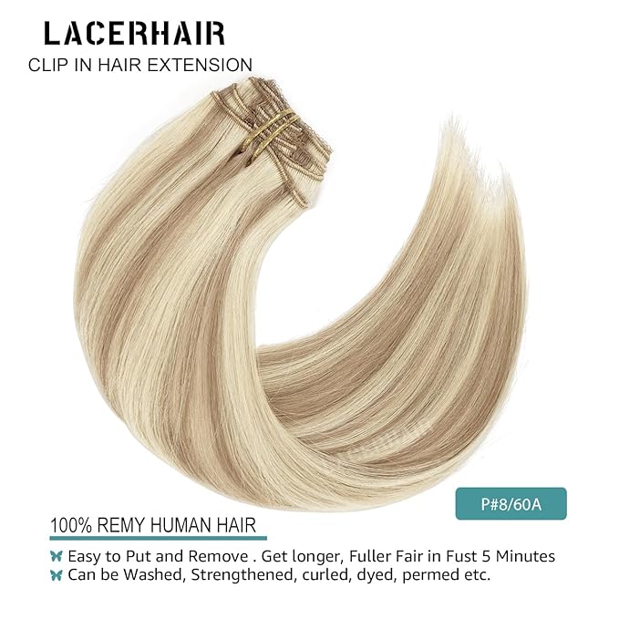 Lacer Hair Clip In Hair Extensions Human Virgin Hair Thick Weft Light Brown And Platinum Blonde Highlights Color Metal Clip Salon Quality Straight Clip In Hair Extension 7 Pieces 140 Gram 22 Inch