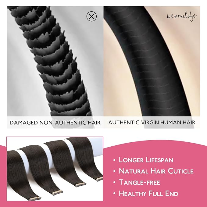 WENNALIFE Tape in Hair Extensions Human Hair Dark Brown Tape in Extensions, 10pcs 25g 14 inch Remy Invisible Tape Ins Straight Colored Soft Real Human Hair Tape in Extensions Refill Set Extensions