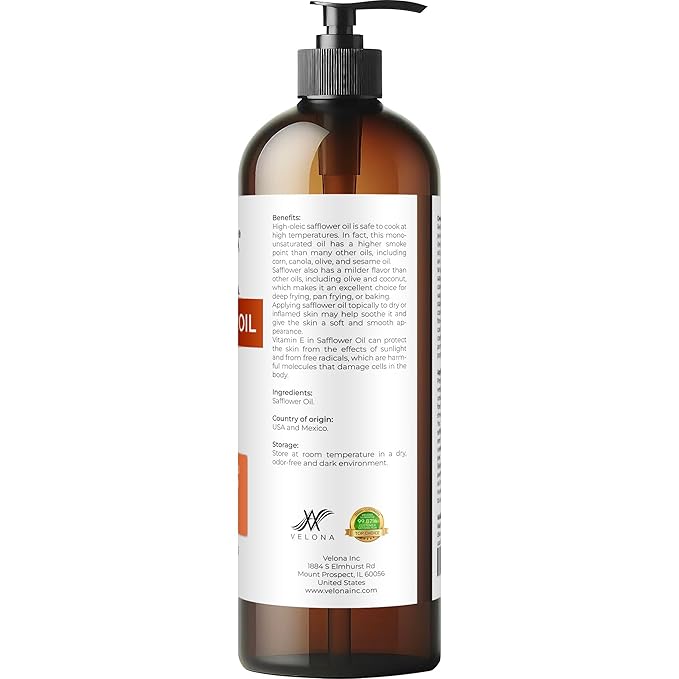 velona Safflower Oil 16 fl oz | 100% Pure and Natural Carrier Oil | Refined, Expeller Pressed | Cooking, Skin, Hair, Body & Face Moisturizing | Use Today - Enjoy Results