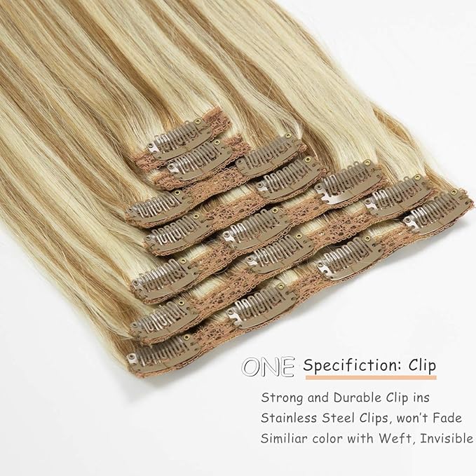 Caliee Clip in Hair Extensions Human Hair for Women Long Soft Silky Double Weft Lace Clip ins P10-613 Highlight Golden Brown and Bleach Blonde 7PCS 20 Inch 120G Real Hair Clip in Hair Extensions
