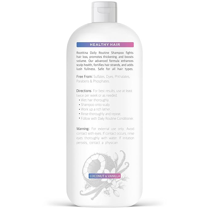 Fights Hair Loss, Roottina Daily Routine Shampoo, Strengthens and Fortifies, Promotes Hair Growth, Hair Thickening Shampoo with DHT Blockers, Coconut and Vanilla Scent, Made in USA (16 fl oz)