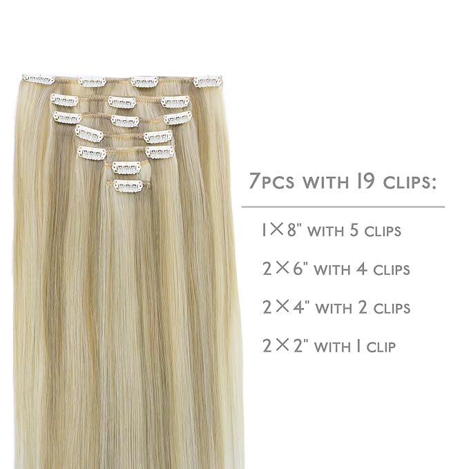 WENNALIFE Clip in Hair Extensions, 20 Inch 120g 7pcs Ash Blonde Highlighted Platinum Blonde Remy Hair Double Weft Straight Natural Extensiones De Cabello Humano Con Clip Ins