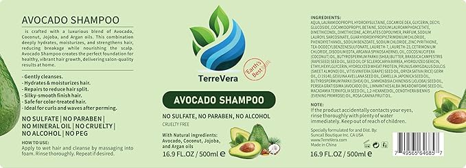 TerreVera Avocado Shampoo - Salon Quality Hydrating Formula - Sulfate & Paraben Free - Ideal for Strengthening, Dry or Color-Treated Hair – Natural Avocado, Argan, Coconut & Jojoba Oils – 16.9 fl oz