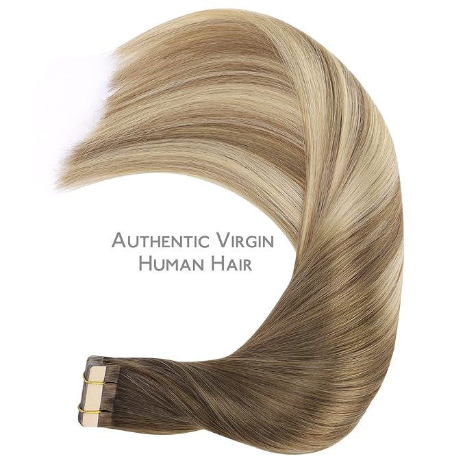 WENNALIFE Tape in Hair Extensions Human Hair, 20pcs 16 inch 50g Ombre Walnut Brown to Ash Brown and Bleach Blonde Remy Tape Hair Extensions Real Human Hair Tape Extensions Coloured Hair Extensions
