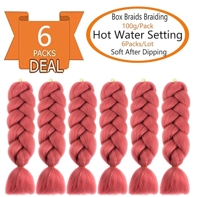 6 Packs Ombre Jumbo Braiding Hair Extensions 24 Inch High Temperature Synthetic Fiber Hair Extensions for Box Braids Braiding Hair (Rouge Pink)