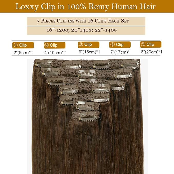 Loxxy Human Hair Extensions Clip in Chocolate Brown Real Human Hair Extensions 120g 7 Pieces Silky Straight Weft Full Head Clip in Remy Human Hair #4 14 Inch