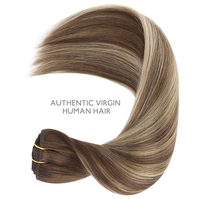 WENNALIFE Clip in Hair Extensions Real Human Hair, 16 Inch 120g 7pcs Balayage Chocolate Brown to Honey Blonde Hair Extensions Clip in Human Hair Remy Clip in Hair Extensions Real Human Hair