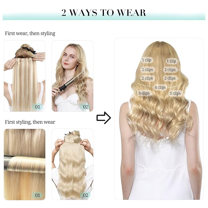 DOORES Clip in Hair Extensions - Ash Brown to Platinum Blonde, 150g 9pcs 16 Inch Remy Human Hair, Natural Silky Straight Thick