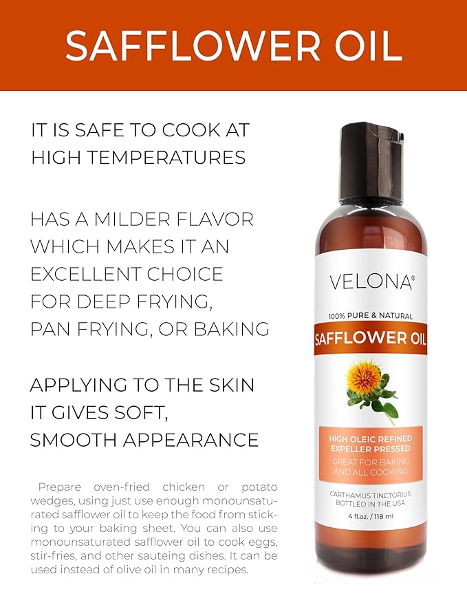 velona Safflower Oil 4 fl oz | 100% Pure and Natural Carrier Oil | Refined, Expeller Pressed | Cooking, Skin, Hair, Body & Face Moisturizing | Use Today - Enjoy Results