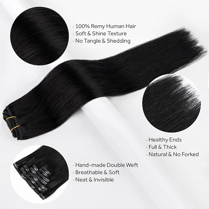 Clip in Hair Extensions Real Human Hair, Jet Black 100% Human Hair Extensions Clip in, Tangle-free Silky Straight Hair Extensions for Women, #1 20Inch 120G 7PCS