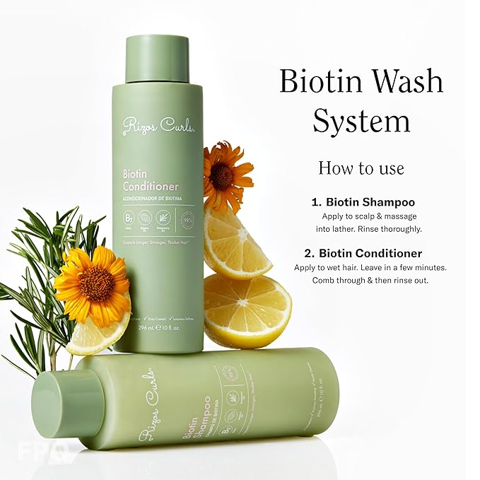 Rizos Curls Biotin Shampoo – Gently Cleanse, Strengthen & Nourish Hair with Biotin & Rosemary Oil – Reduces Shedding for Fuller, Healthier Hair – For all Hair Types 1a–4c – Sulfate & Paraben Free