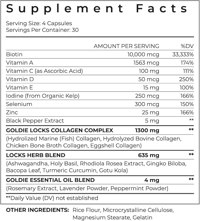 Goldie Locks Hair Growth Supplements Original Formula - Promotes Stronger & Healthier Hair - Vitamins That Enhance Hair, Skin, and Nails, 120 Count