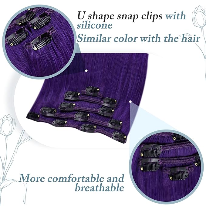 RUNATURE Purple Clip in Hair Extensions Real Human Hair, Straight Clip in Human Hair Extensions, Full Head, Colored Layered Natural Hair, Soft Tangle-free Hair, 16 Inch 70g/5pcs