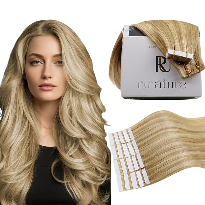 RUNATURE Remy Hair Tape in Extensions Blonde 22 Inch Straight Tape in Extensions Real Human Hair Golden Blonde Mix Light Blonde Tape in Hair Extensions Silky Tape in Human Hair Extensions 50g 20pcs