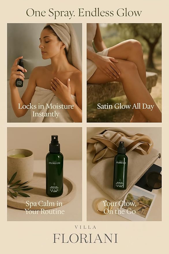 Villa Floriani After Shower Luxury Body Spray with Olive Oil | Nourishing & Moisturizing Mist for Dry, Aging Skin | Fast Absorbing Non Greasy Glow | Naturally Scented Body Oils for Women, 5.07 fl. oz