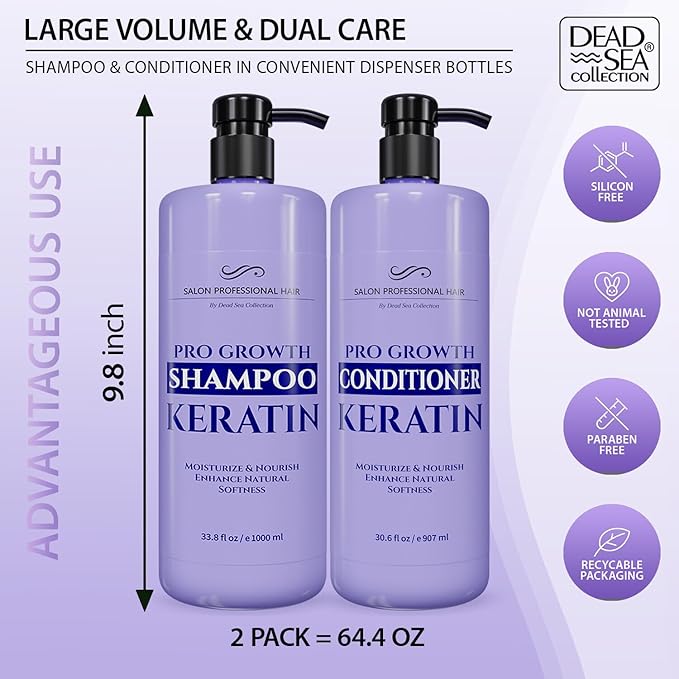 Dead Sea Collection Shampoo and Conditioner Set for Strengthening and Volume - Pure Dead Sea Minerals and Keratin – Hair Care - Nutrition, Repair and Shine - Pack of 2 (33.8 & 30.6 Fl. Oz)