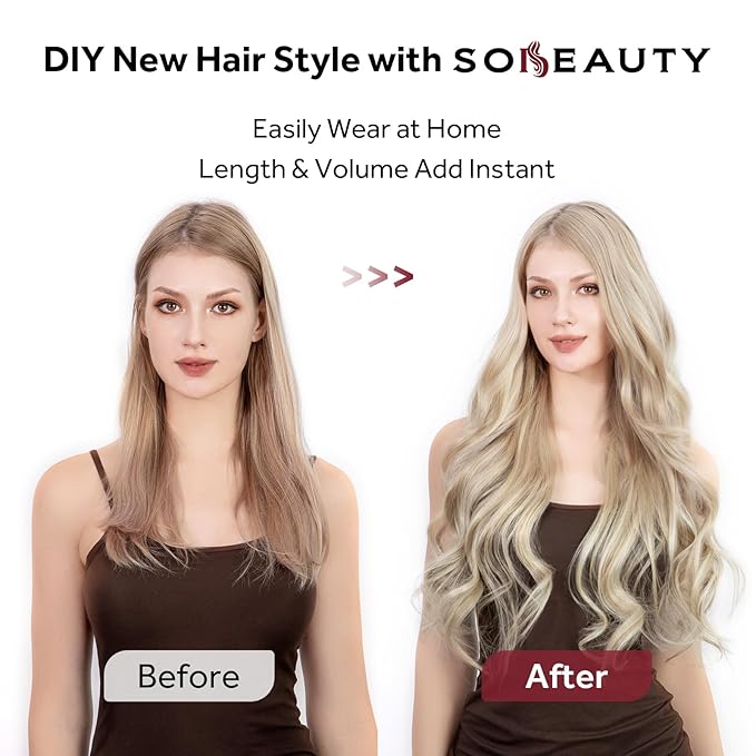 Clip in Hair Extensions Real Human Hair, Silky Remy Hair Extensions Clip Ins, Salon Quality Natural Human Hair, Light Blonde Highlighted Golden Blonde #P16/22 18Inch 120G 7PCS