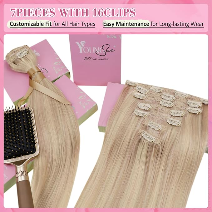 YoungSee Blonde Clip in Hair Extensions 20 inch Blonde Hair Extensions Clip in Highlights #18/613 Blonde Clip in Hair Extensions Human Hair Soft 100G 7Pcs
