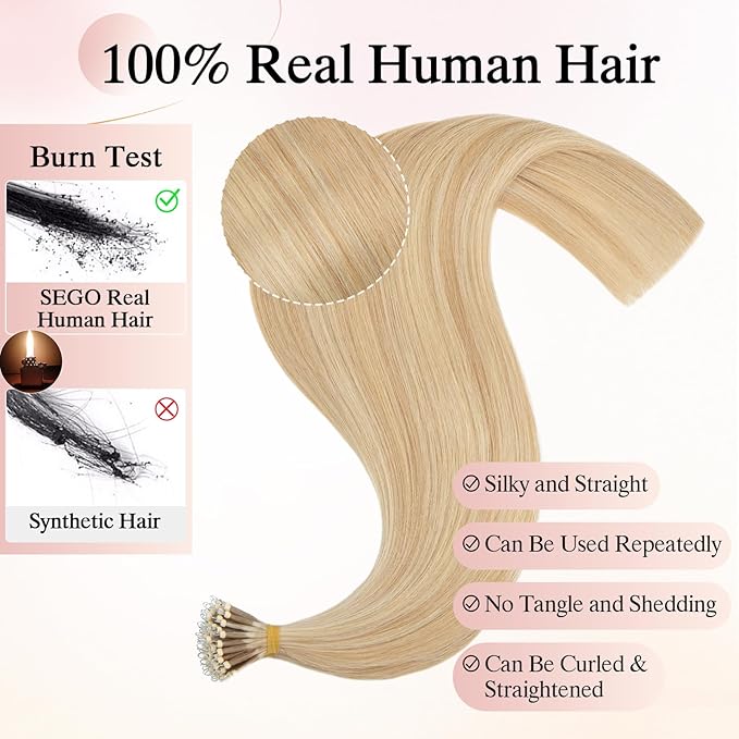 Nano Bead Human Hair Extensions - Nano Bond & Tip Extensions - Silky Straight Natural 50g/50 Stands 18" Ash Blonde & Bleach Blonde Mix
