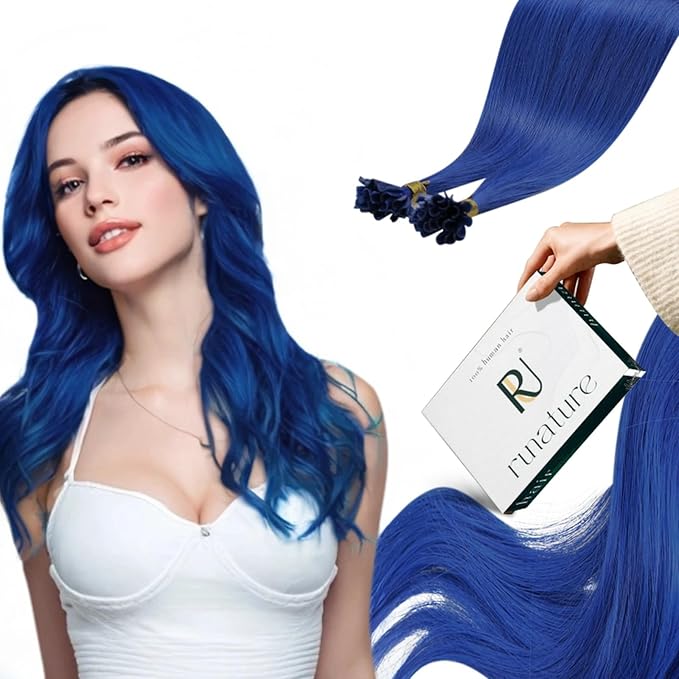 RUNATURE U Tip Hair Extensions Human Hair Colored Blue 20 Inch Long Pre Bonded Utips Real Hair Extensions for Kids Party Blue Highlight Keratin U Tips Remy Hair Extensions Invisible 25g 25 Strands