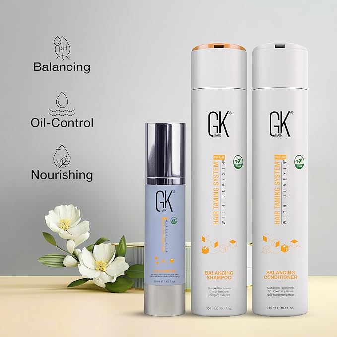 GK HAIR Global Keratin Balancing Shampoo and Conditioner Sets (10.1 Fl Oz/300ml) with Leave In Cashmere Smoothing and Styling Cream (1.69 Fl Oz/50ml) For Dry Damaged Frizzy Oily & Color Treated Hair