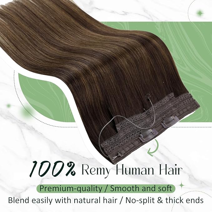 RUNATURE Wire Hair Extensions, Real Human Hair Extensions with Fish Line, Balayage Brown Roots Clip in One Piece Hair Extensions for Women, Straight Silky Natural Hair, 18 Inch 80g #2/2/6