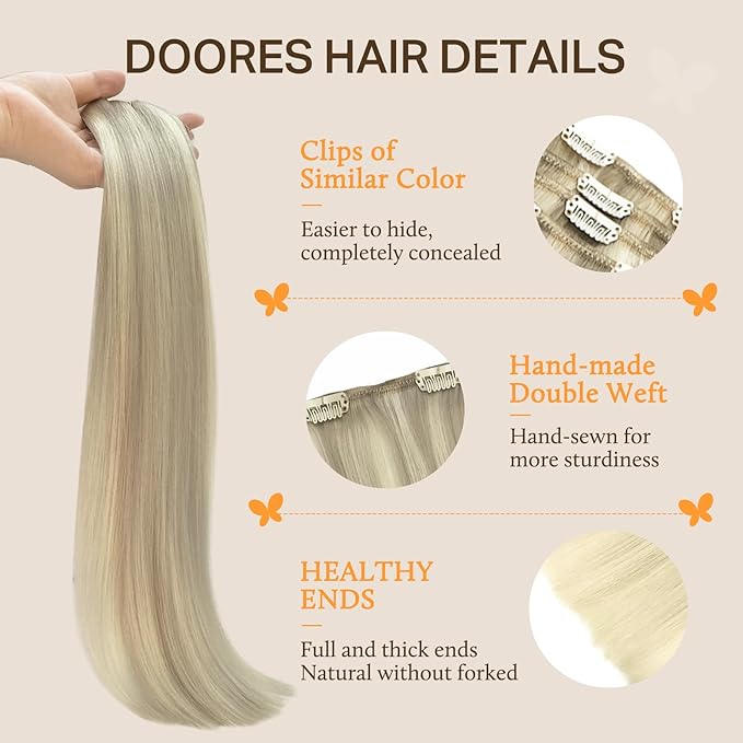 DOORES Human Hair Extensions Clip in, Ash Blonde Highlighted Platinum Blonde 150g 9pcs 22 Inch, Real Natural Thick Silky Hair
