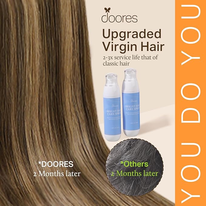 DOORES Invisible Edge Clip in Hair Extensions, Chocolate Brown to Caramel Blonde, 150g 7pcs 22 Inch Virgin Straight Human Hair Silky Weft