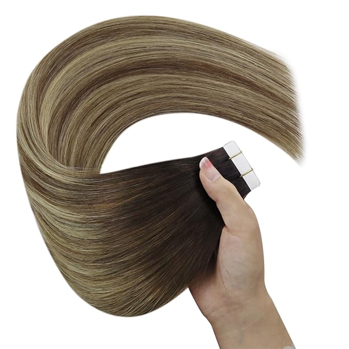 YoungSee Tape in Hair Extensions Human Hair Balayage Brown Hair Extensions Real Human Hair Tape in Dark Brown Ombre Medium Brown with Blonde Hair Tape in Extensions Remy Hair Extensions 14In 20pcs 50g