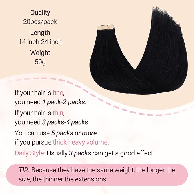 MAXITA Tape in Hair Extensions Human Hair Jet Black 24 Inch Hair Extensions Real Human Hair Invisible Tape in Extensions Seamless Remy Extensions for Women 50g 20pcs