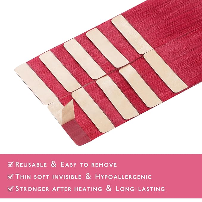 WENNALIFE Tape in Hair Extensions Human Hair Red Tape in Extensions, 10pcs 25g 18 inch Remy Invisible Tape Ins Straight Colored Soft Real Human Hair Tape in Extensions Refill Set Extensions