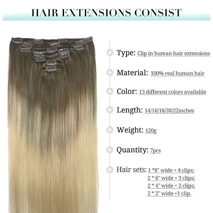 DOORES Hair Extensions Clip in Human Hair, Ash Brown to Platinum Blonde 12 Inch 7pcs 80g, Clip in Hair Extensions Real Human Hair Extensions Human Hair Natural Silky Straight Hair
