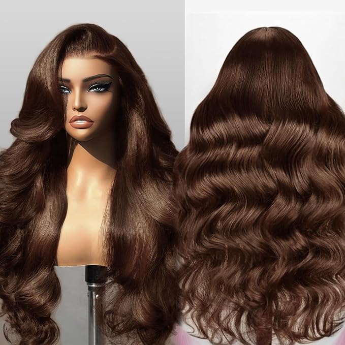 SFD 32Inch Chocolate Brown Glueless Wigs Human Hair Pre Plucked Pre Cut 200% Density 7x5 Wear And Go Dark Brown Lace Closure Wig #4 Colored Body Wave Lace Wig