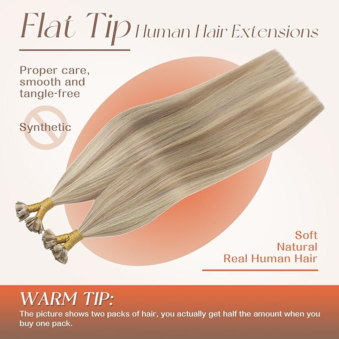 Sunny Hair 18inche Flat Tip Hair Extensions Human Hair Soft Pre Bonded Hair Extensions Ash Blonde Highlight Golden Blonde Flat Tips Hair Extensions Remy Hair Extensions Flat Tip for Women 50g 50s