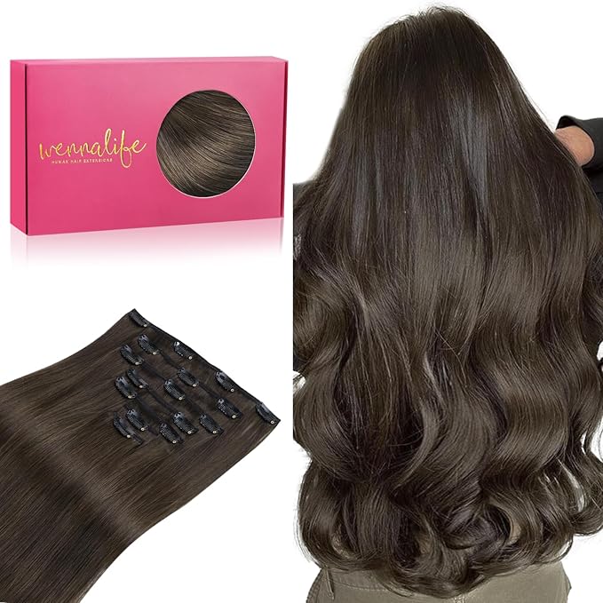 WENNALIFE Clip in Hair Extensions Real Human Hair, 20 Inch 120g 7pcs Human Hair Extensions Clip In Human Hair, Cool Dark Brown Clip In Real Hair Coloured Remy Human