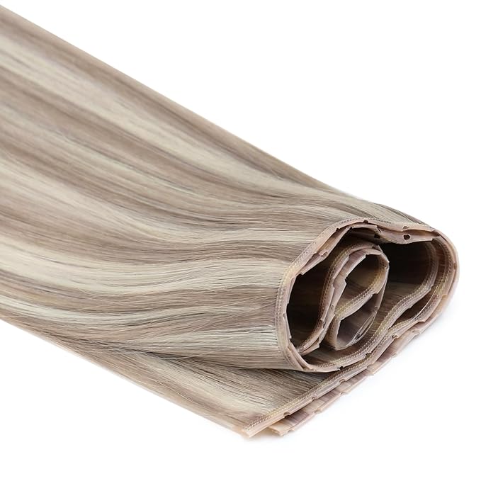 Full Shine Butterfly Weft Hair Extensions Human Hair 20 Inch Invisible Pu Hole Weft Extensions Color 18 Ash Blonde Highlight 613 Bleach Blonde Genius Weft With Hole 100 Grams