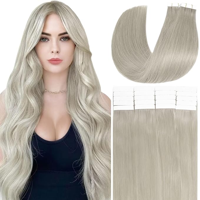 Anrosa Tape in Hair Extensions - Silky Grey Human Hair, Thick End Seamless Invisible for Women - 12 Inch, 50 Gram, 20pcs