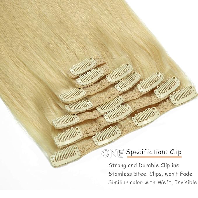 Caliee Hair Extensions Human Hair Bleach Blonde Color Silky Straight Clip in Extensions Invisible Double Weft for Women Full Head Seamless Hair Extensions 120g 16inch