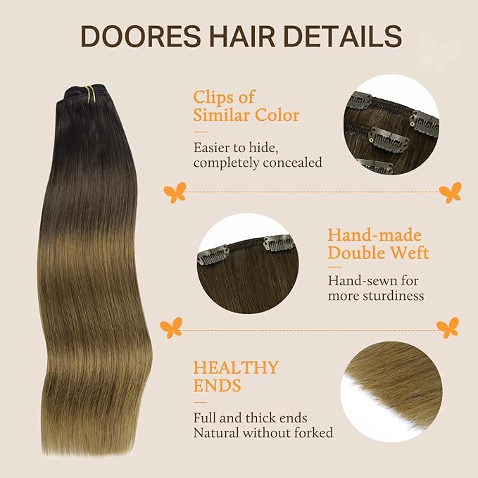 DOORES Human Hair Extensions Clip in, Chocolate Dip Color Melt 14 Inch 150g 9pcs, Real Human Hair Remy Hair Extensions Straight Thick Extensions