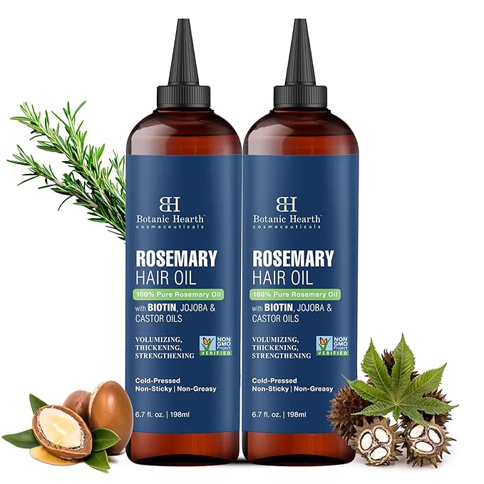 Botanic Hearth 100% Pure Rosemary Oil For Hair Growth & Scalp (6.7 Fl Oz, Pack Of 2) | Infused With Biotin, Jojoba Oil & Castor Oil | Hair Strengthening Treatment | Nourishing & Volumizing