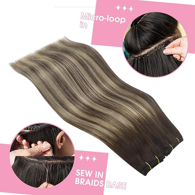 YoungSee Sew in Balayage Weft Real Human Hair Extensions Chocolate Brown with Ash Blonde Balayage 16Inch 100G