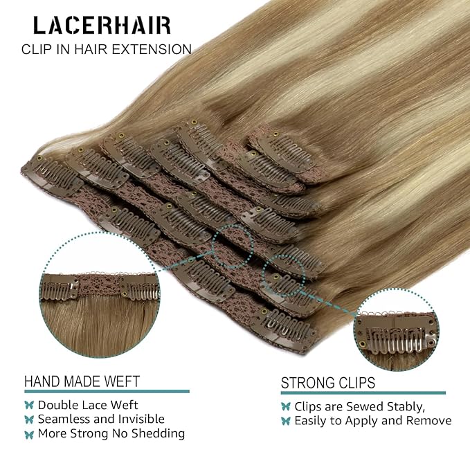Lacer Balayage Clip in Hair Extensions B#8/60 Light Brown Fading to Platinum Blonde Color Remy Human Hair Extensions Clip in Real Natural Hair Extensions Straight Thick 140g 22 Inch