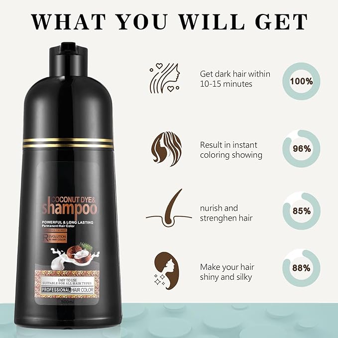 Fvquhvo Brown Hair Dye Shampoo, Instant Hair Color for Women Men, Colors in Minutes, Long Lasting Coconut Dye Shampoo, Easy to Use 16.90 Fl Oz