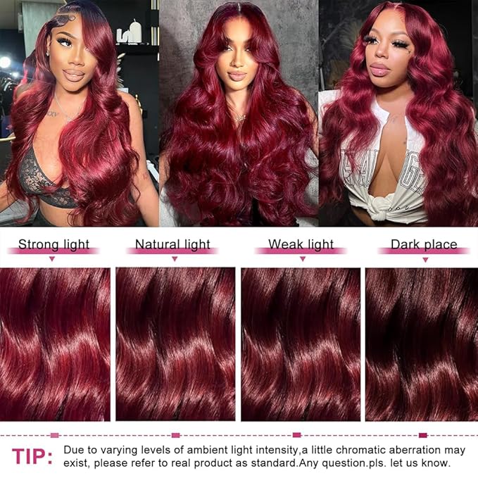 Ombre Bundles Human Hair, 13A Raw Indian Hair Bundles Body Wave, 28 Inch Colored 1B99J Burgundy Red Human Hair Bundles, Triple Service Life Keep Texture Silky Soft Tangle-Free