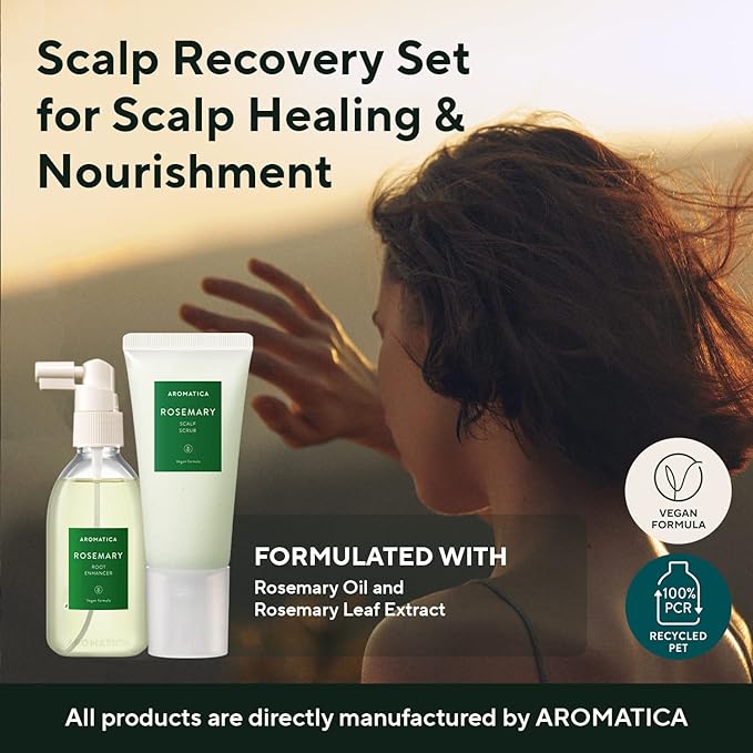 AROMATICA Rosemary Root Enhancer And Scalp Scrub Korean Hair Care Set - Rosemary Water Spray and Scalp Exfoliator for Dry Scalp Treatment, Refresh Your Hair with Rosemary Oil Scalp Care