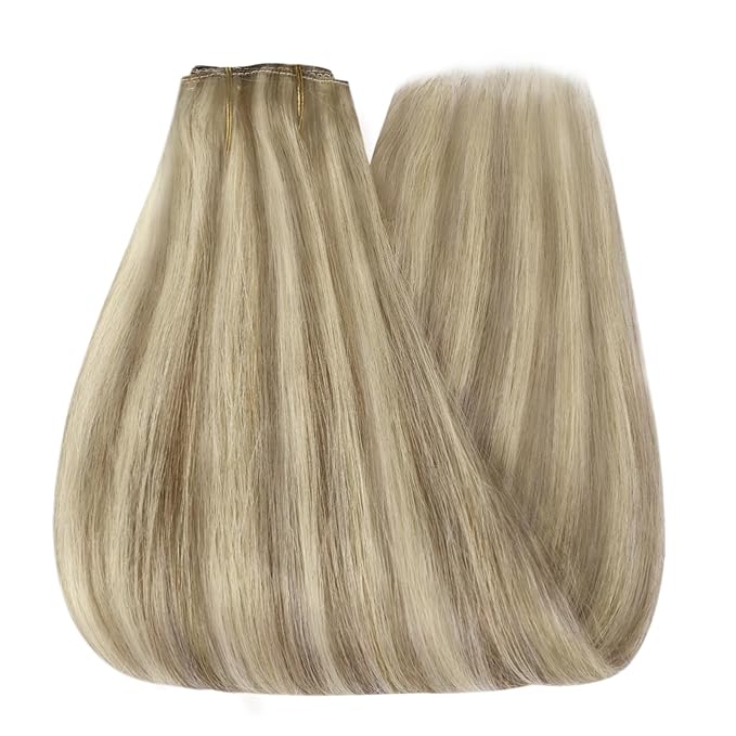 YoungSee Wire Hair Extensions Highlights Human Hair Wire Extensions Light Brown with Blonde Fish Line Hair Extensions for Woman 20inch 100g