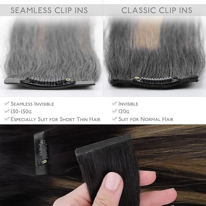 WENNALIFE Seamless Clip In Hair Extensions, 22 Inch 130g 7pcs Natural Black Mixed Chestnut Brown Hair Extensions Clip in Human Hair Invisible PU Skin Weft Natural Remy Human Hair Extensions