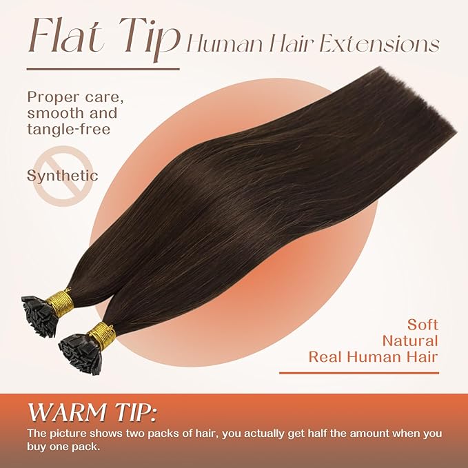 Sunny Hair Flat Tip Hair Extensions Darkest Brown Keratin Bond Flat Tip Hair Extensions Pre Bonded Tips Remy Human Hair Extensions Hot Fusion Flat Tip Extensions Brown Brazilian Hair 50g 16inch